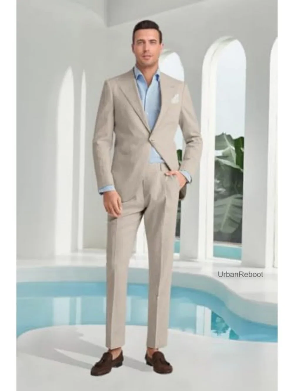 Men's Linen 2 Piece Suit Set, Slim Fit Peak Lapel Blazer & Pants, Lightweight,